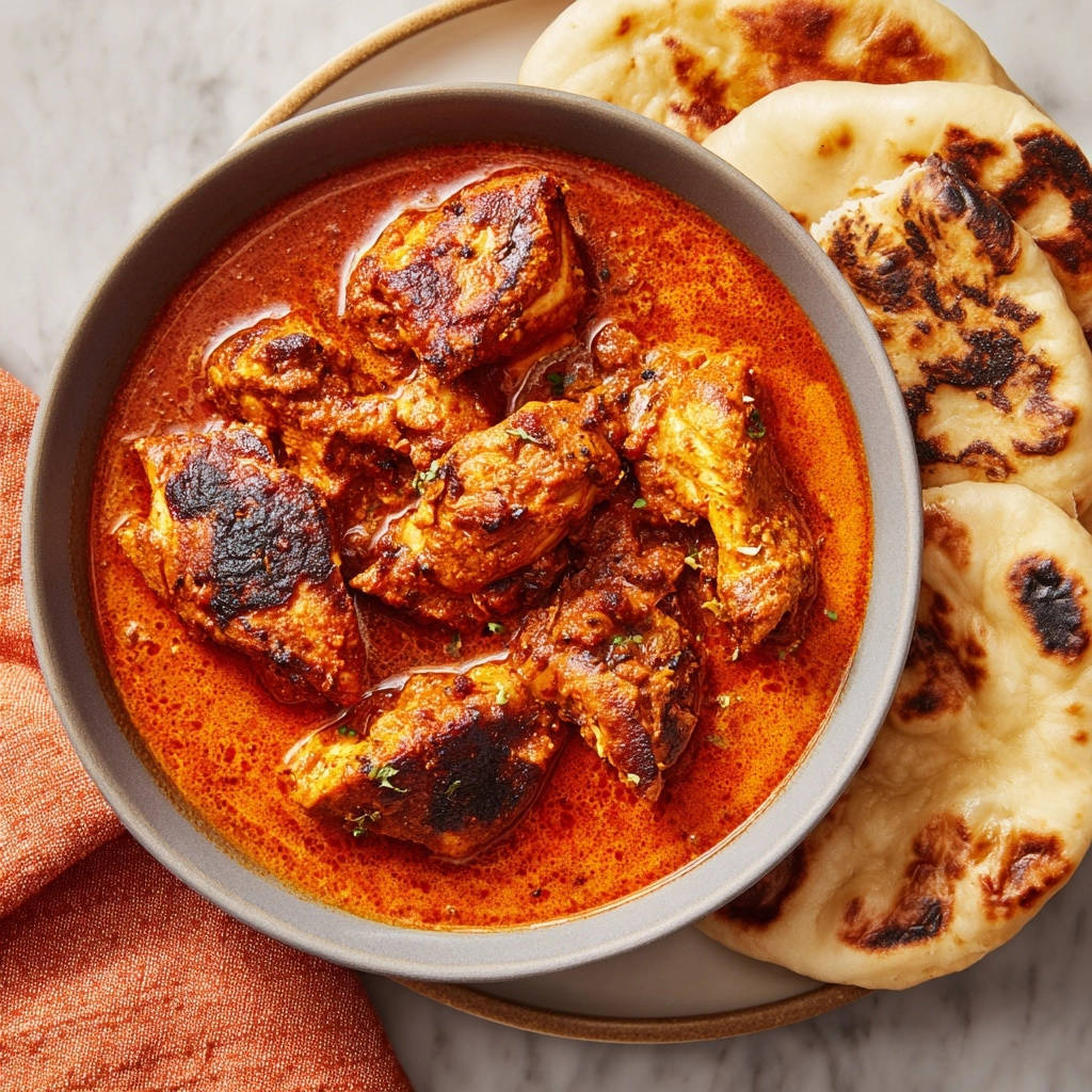 Restaurant-style chicken tikka masala served in a grey bowl with naan bread on the side, captured from an overhead angle.