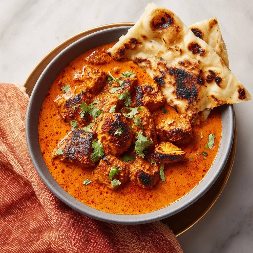 Restaurant-style chicken tikka masala served in a bowl with naan bread, garnished with cilantro, shown from an overhead perspective.
