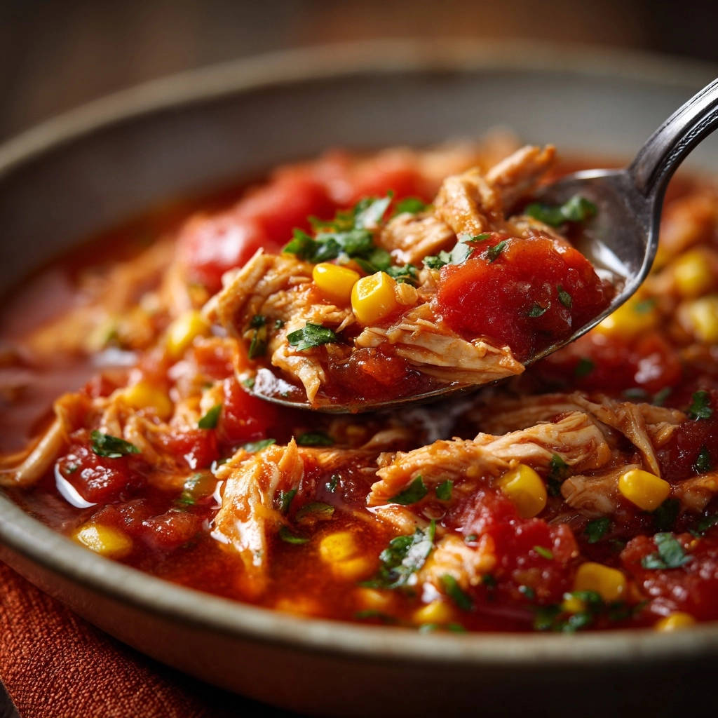 Hearty Chicken &amp; Tomato Stew shown in a close-up spoonful, featuring tender chicken, corn, and tomatoes.