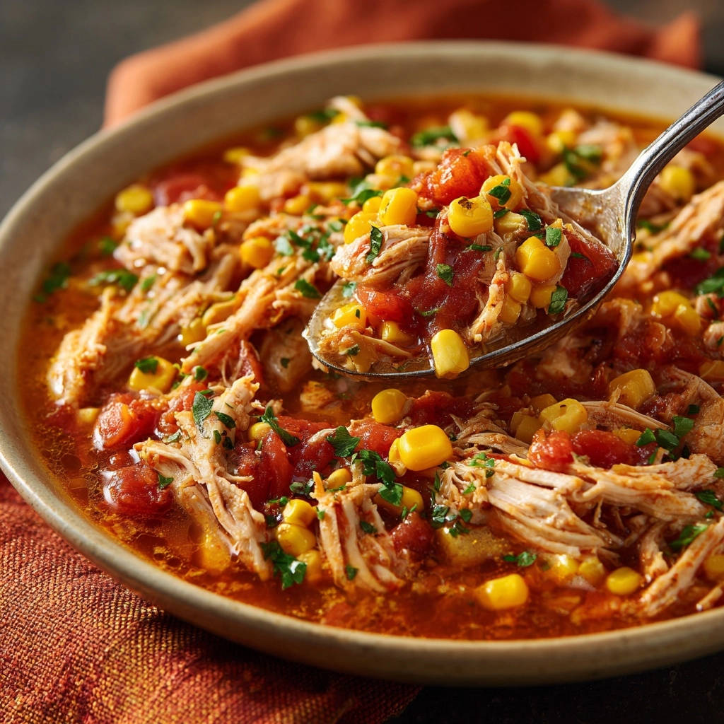 Hearty Chicken & Tomato Stew with a spoonful scooping tender shredded chicken and corn.