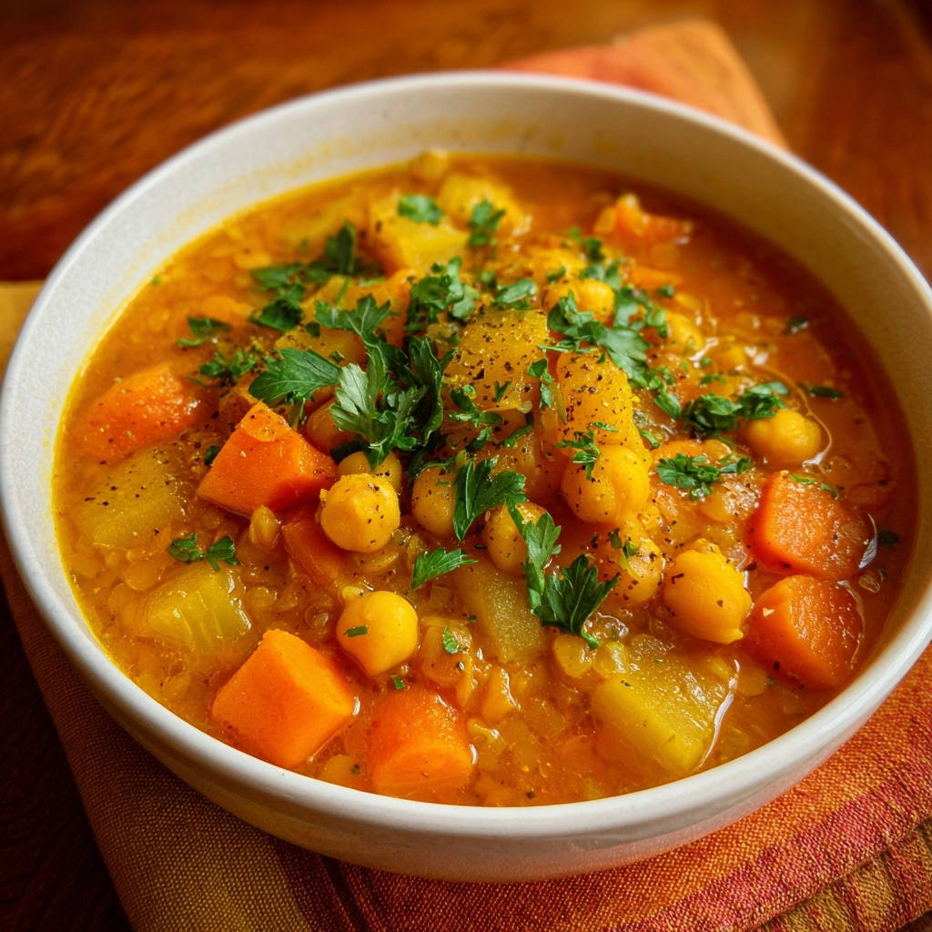 Hearty chickpea and carrot stew in a white bowl, generously garnished with fresh parsley and black pepper.