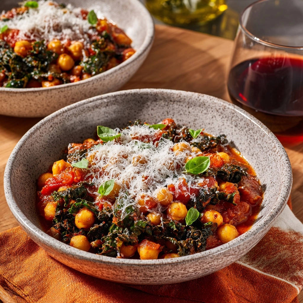 Rich chickpea and kale stew served in rustic bowls, with a glass of red wine in the background.