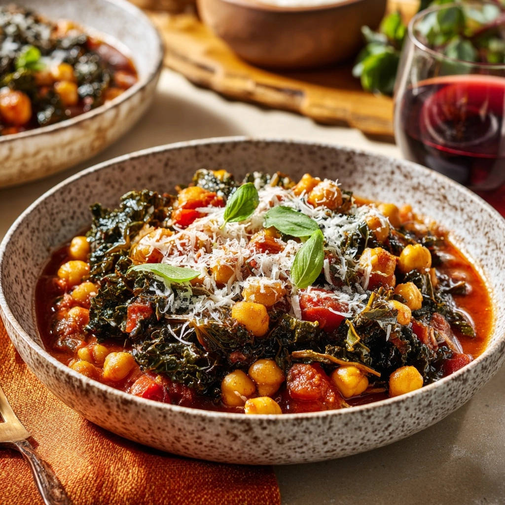 Rich chickpea and kale stew close-up, garnished with fresh basil and grated cheese.