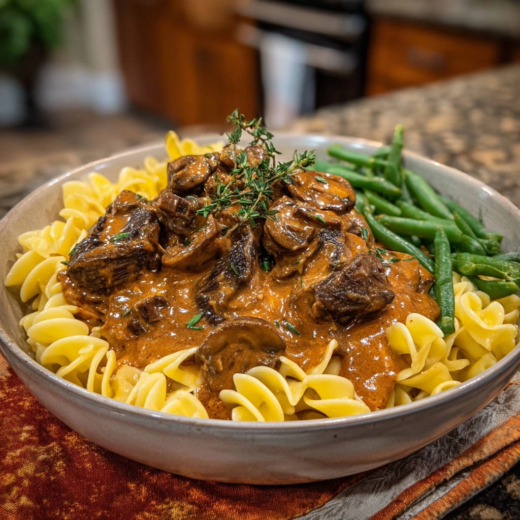 Classic Beef Stroganoff with a creamy mushroom sauce served over egg noodles and a side of green beans.