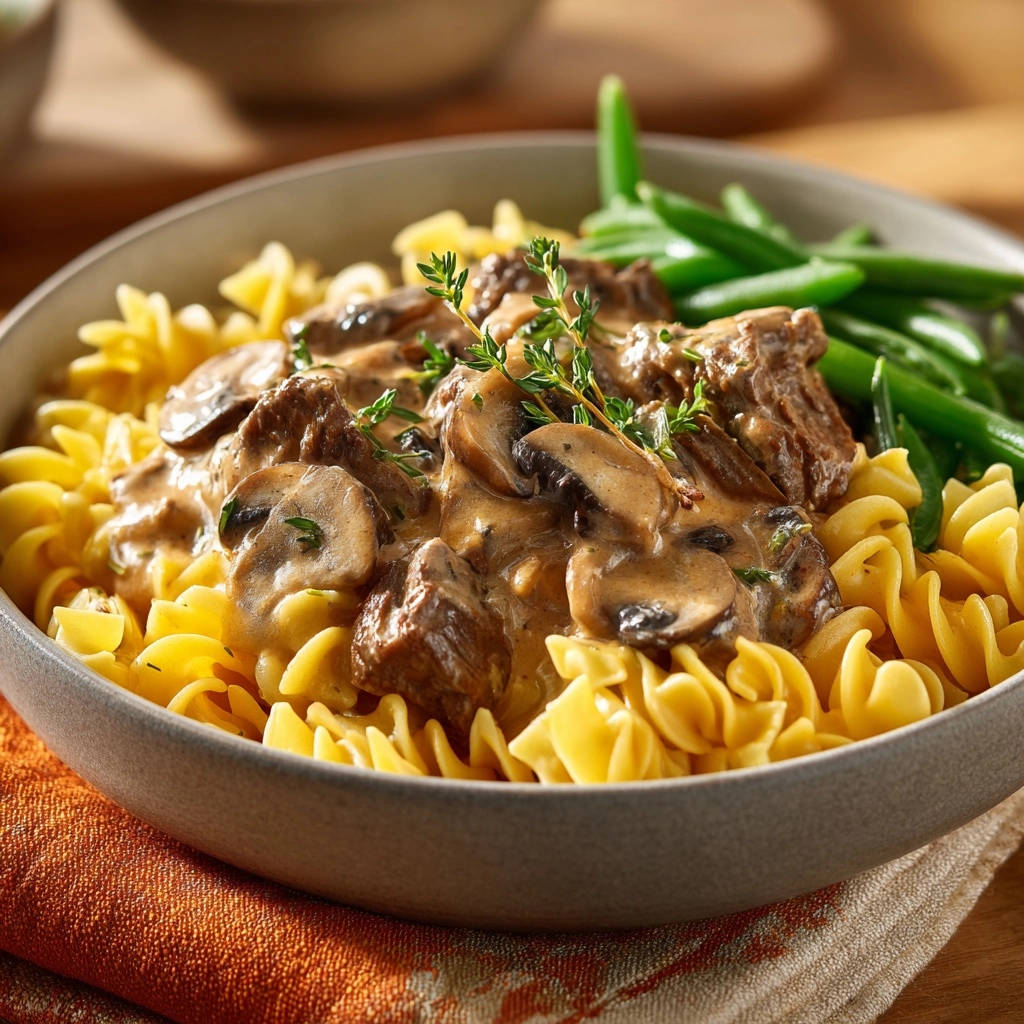 Classic Beef Stroganoff with tender beef, mushrooms, and a creamy sauce served over egg noodles and a side of green beans.