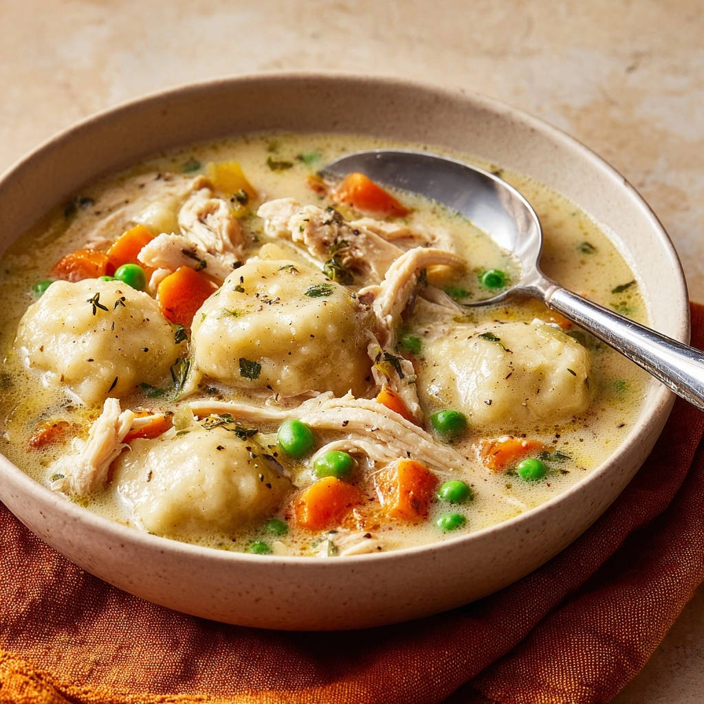 Classic chicken and dumplings shown in a close-up view of a rustic bowl with fluffy dumplings and tender chicken.