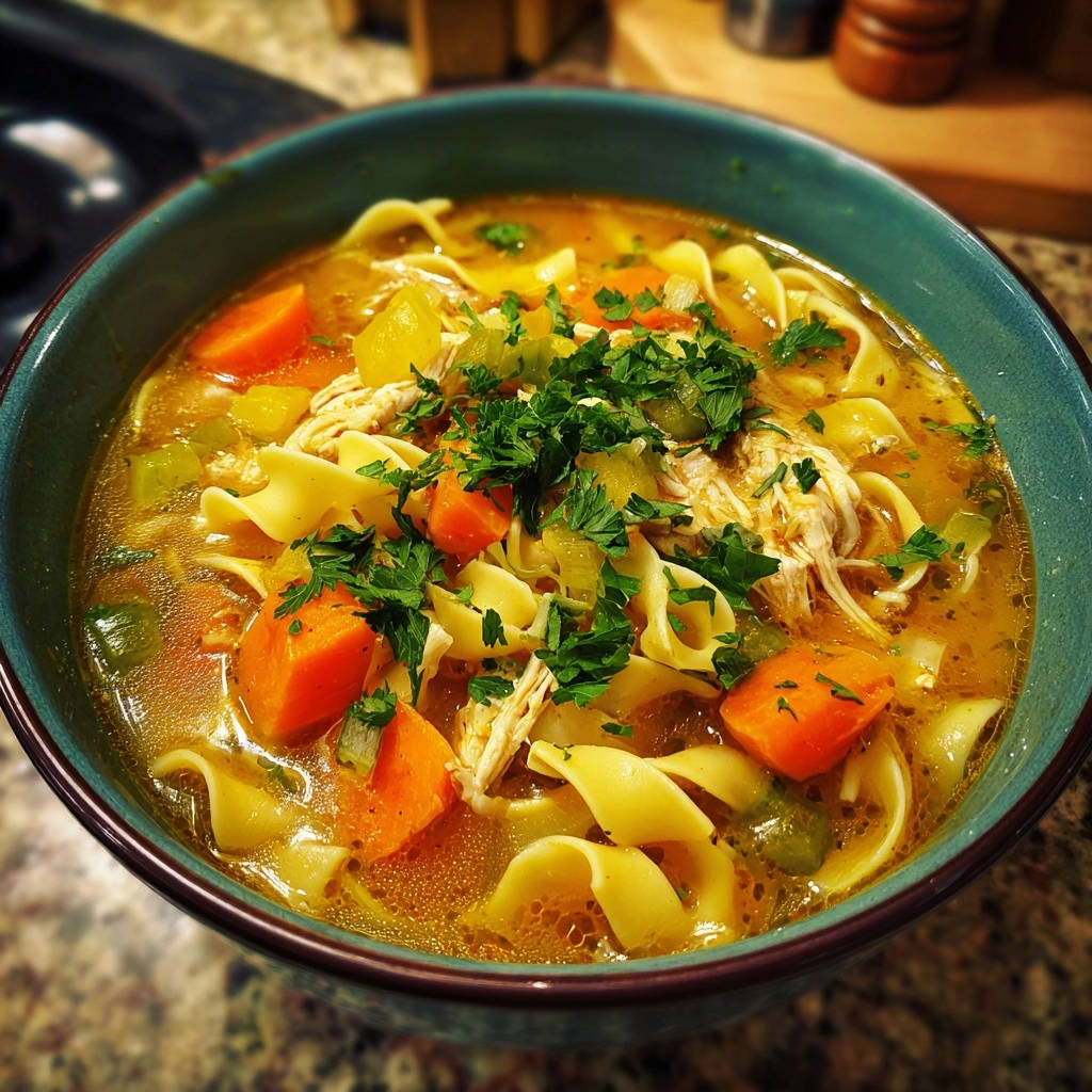 Classic Chicken Noodle Soup with fluffy egg noodles and a fresh parsley garnish in a teal bowl.