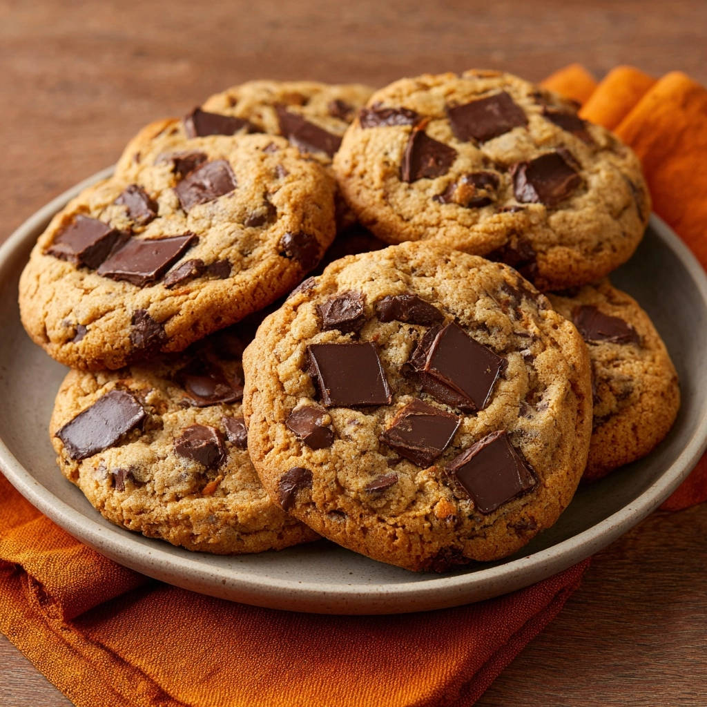 Classic chocolate chunk cookies piled high on a plate, showcasing their thick texture and generous chocolate chunks.