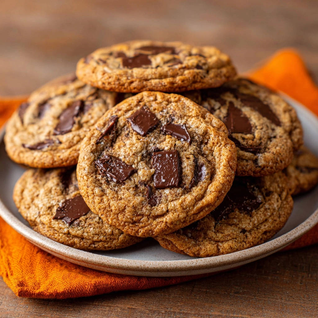 Classic chocolate chunk cookies, showcasing their thick texture, stacked high on a plate with an orange napkin.