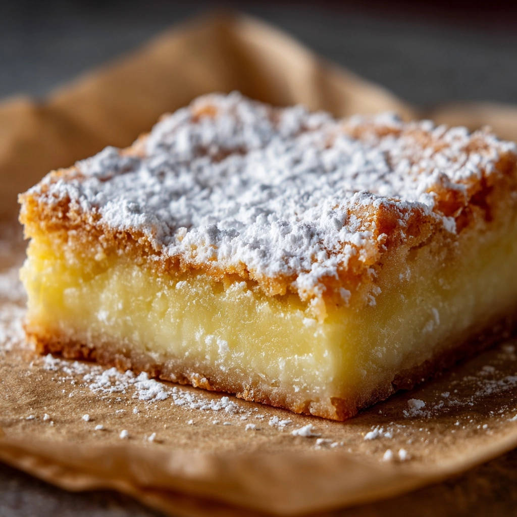 Classic creamy lemon bars with a thick, creamy filling and a dusting of powdered sugar, shown in a close-up cross-section.