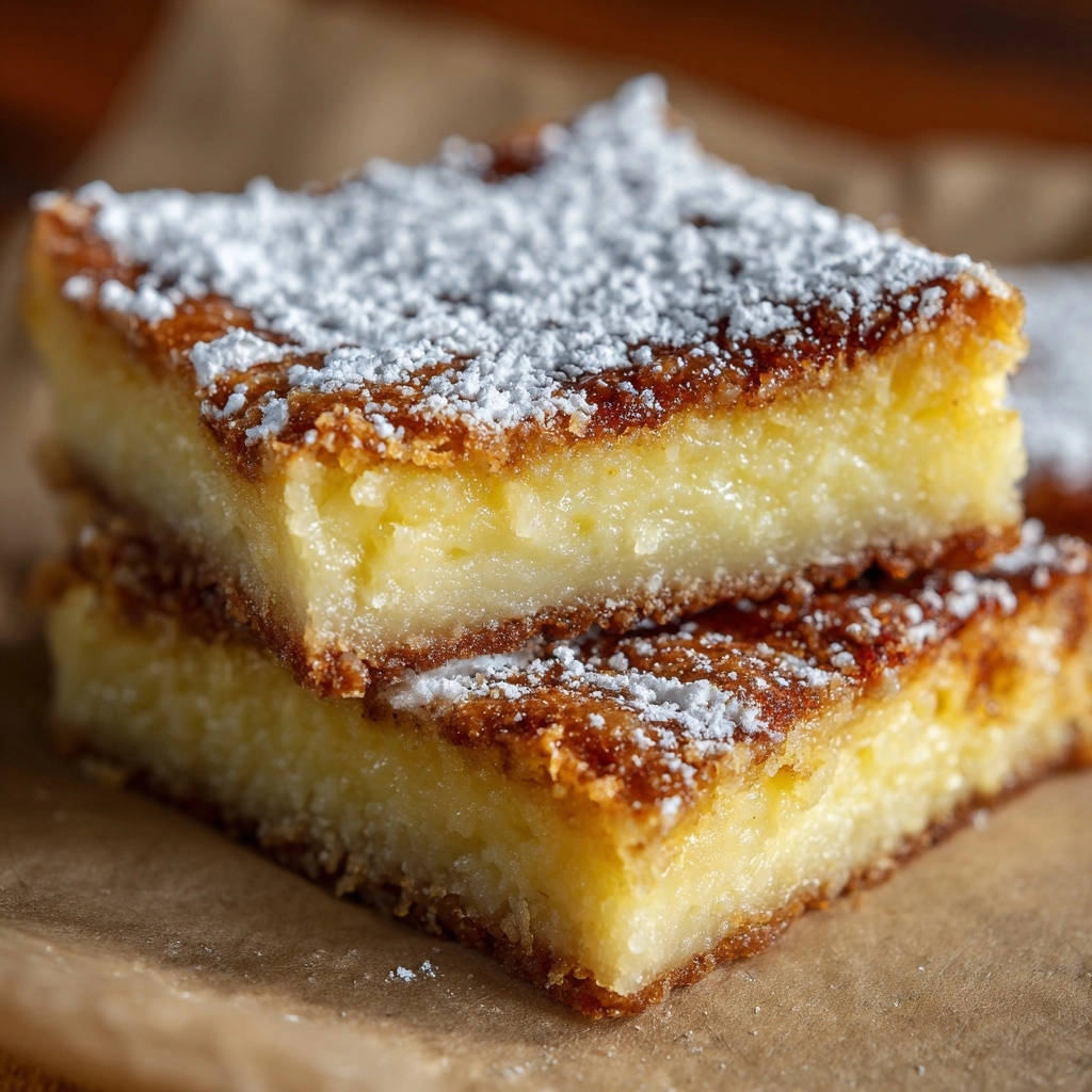 Classic creamy lemon bars stacked to reveal a clean cross-section dusted with powdered sugar.