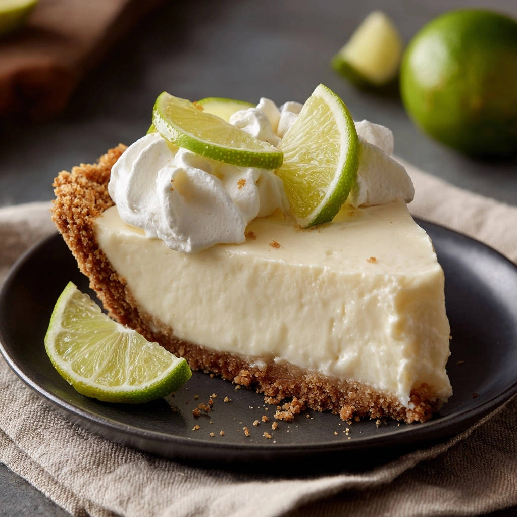 Classic Key Lime Pie served as a single slice on a dark plate, garnished with whipped cream and lime wedges.