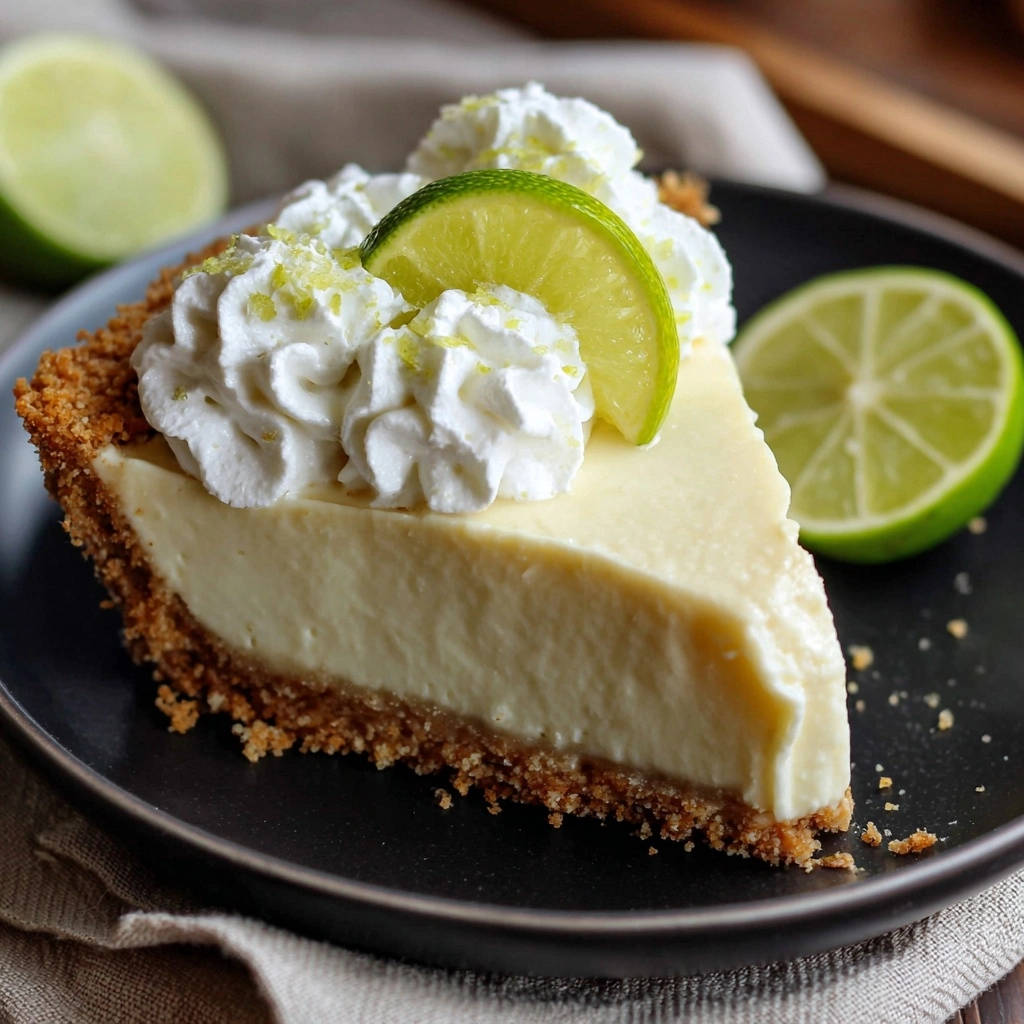 Classic Key Lime Pie slice with whipped cream and lime garnish on a dark plate.