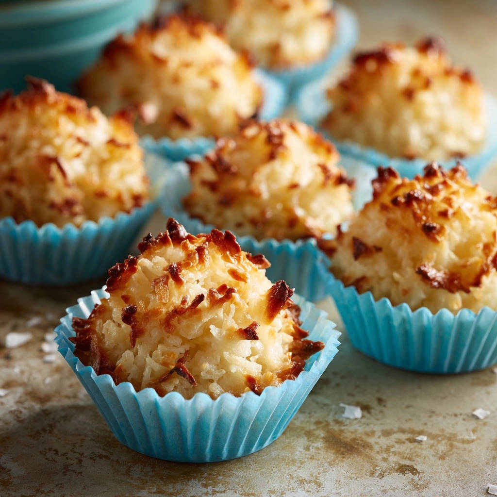 Classic toasted coconut macaroons with golden-brown tops, nestled in blue paper liners, a close-up view.