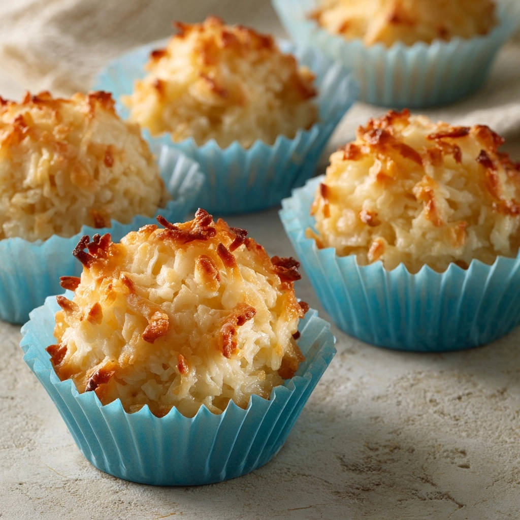 Classic toasted coconut macaroons shown in close-up detail, nestled in bright blue paper liners.