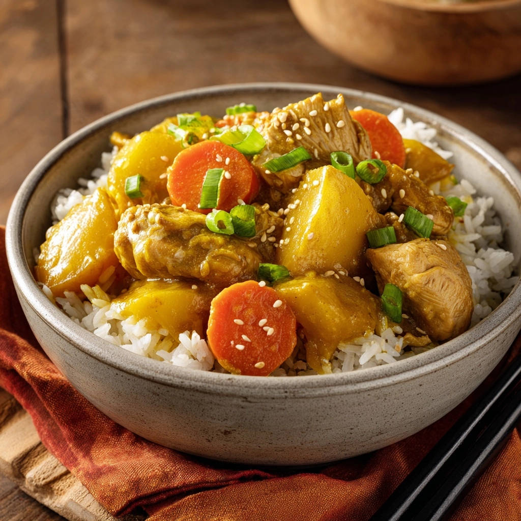 Comfort chicken and potato curry served in a bowl, showing a close-up view of the tender chicken, potatoes, and carrots.