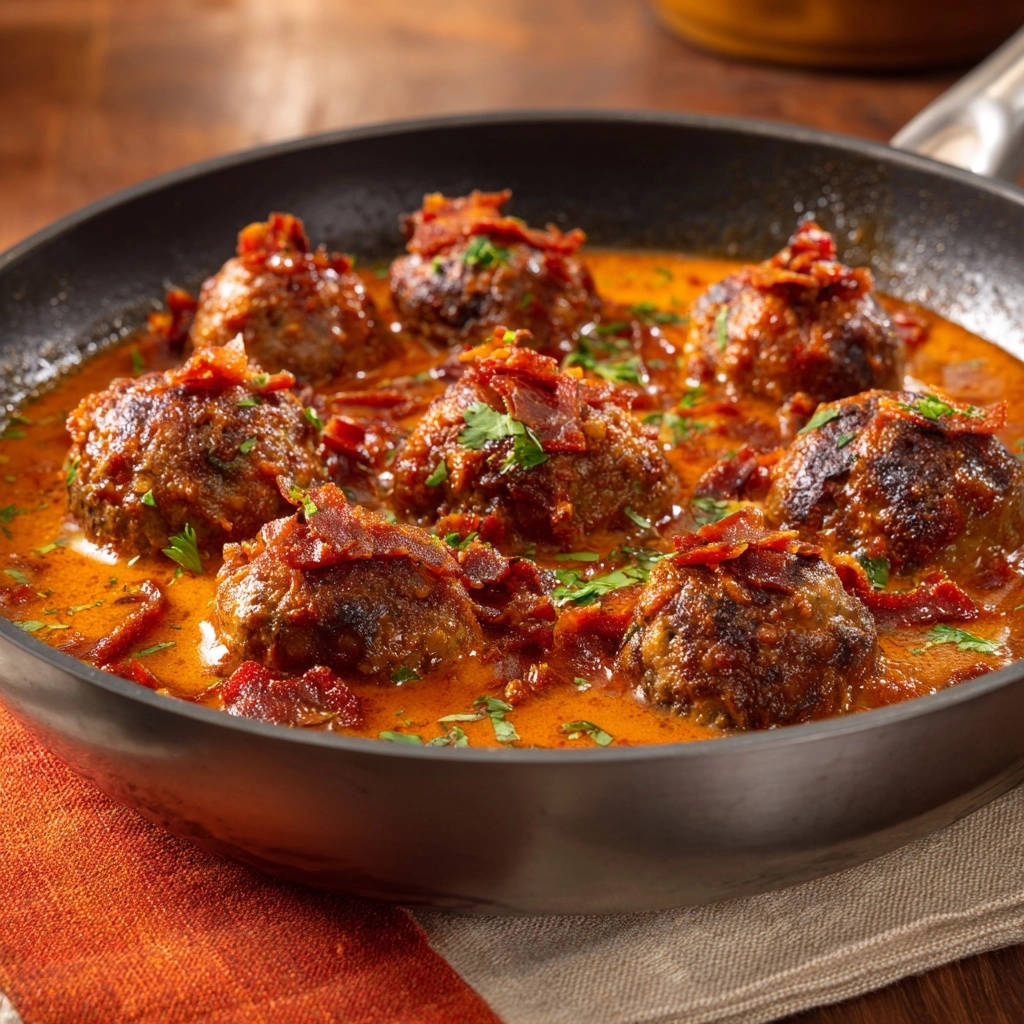 Creamy bacon meatballs in a rich sauce, topped with bacon and parsley, shown in a close-up view within a cooking pan.