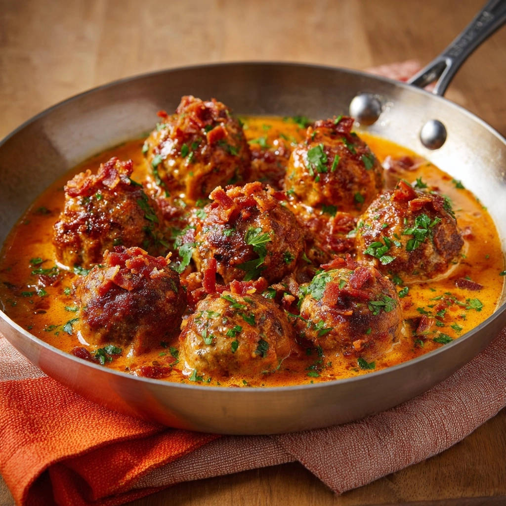 Creamy bacon meatballs in a skillet, topped with crumbled bacon and fresh parsley.