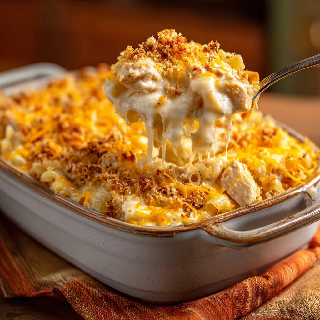 Creamy baked chicken macaroni and cheese with a forkful lifting up showing gooey cheese strings.