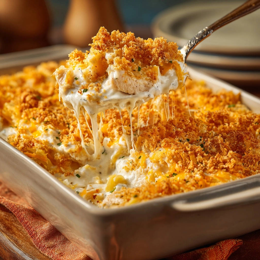Creamy baked chicken macaroni and cheese with a cheesy pull from a serving spoon.