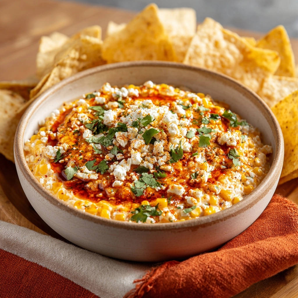 Creamy charred corn dip garnished with feta cheese and cilantro, served with tortilla chips.