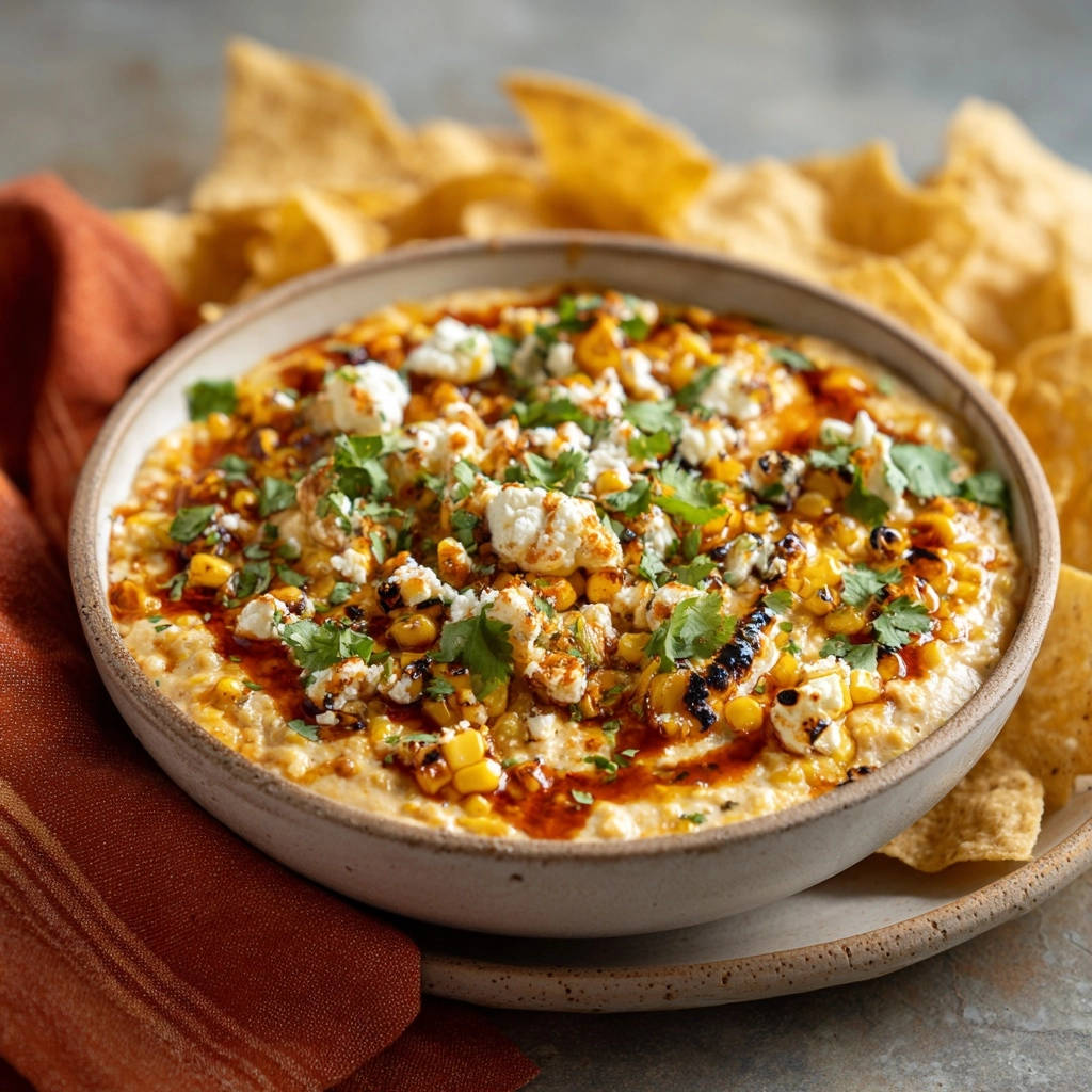 Creamy charred corn dip in a bowl, topped with crumbled cheese, fresh cilantro, and a drizzle of chili oil.