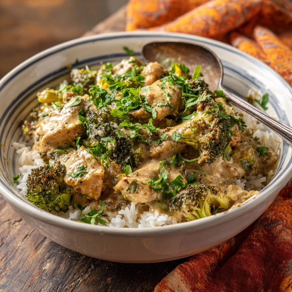 Creamy chicken and broccoli bowls, generously garnished with fresh parsley, served over white rice in a striped bowl.