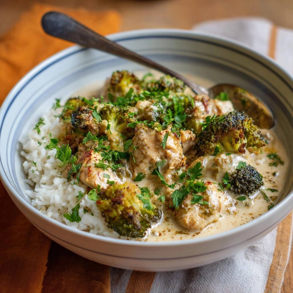 Creamy chicken and broccoli bowls served with white rice and garnished with fresh parsley, showing a close-up of the creamy sauce.
