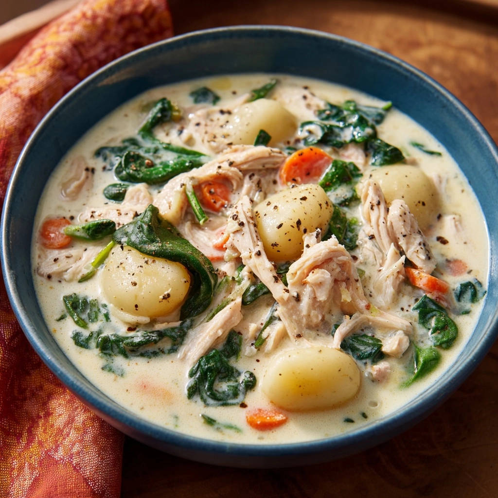 Homestyle creamy chicken and gnocchi soup showcased in a blue bowl with tender chicken, pillowy gnocchi, and spinach.