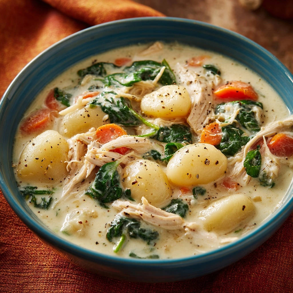 Homestyle creamy chicken and gnocchi soup shown in a blue bowl with gnocchi, carrots, and spinach.