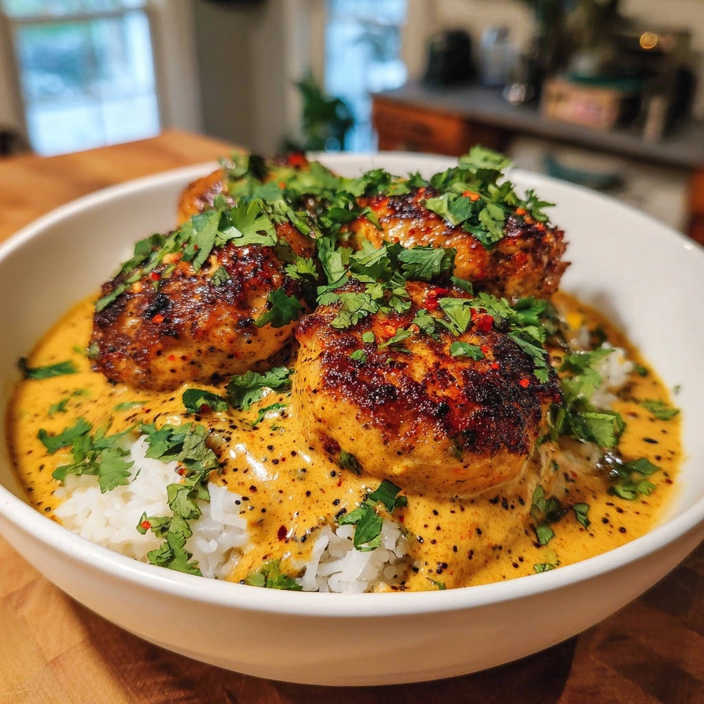 Creamy chicken meatballs in coconut sauce served in a bowl over rice, garnished with cilantro.