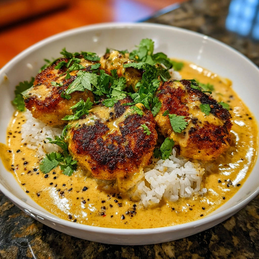 Creamy chicken meatballs in coconut sauce served over rice in a white bowl, garnished with fresh cilantro.
