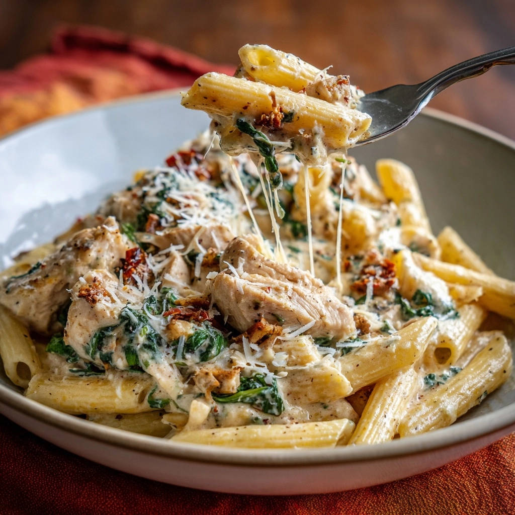 Creamy chicken and spinach penne being lifted by a fork, showcasing melted cheese strands.