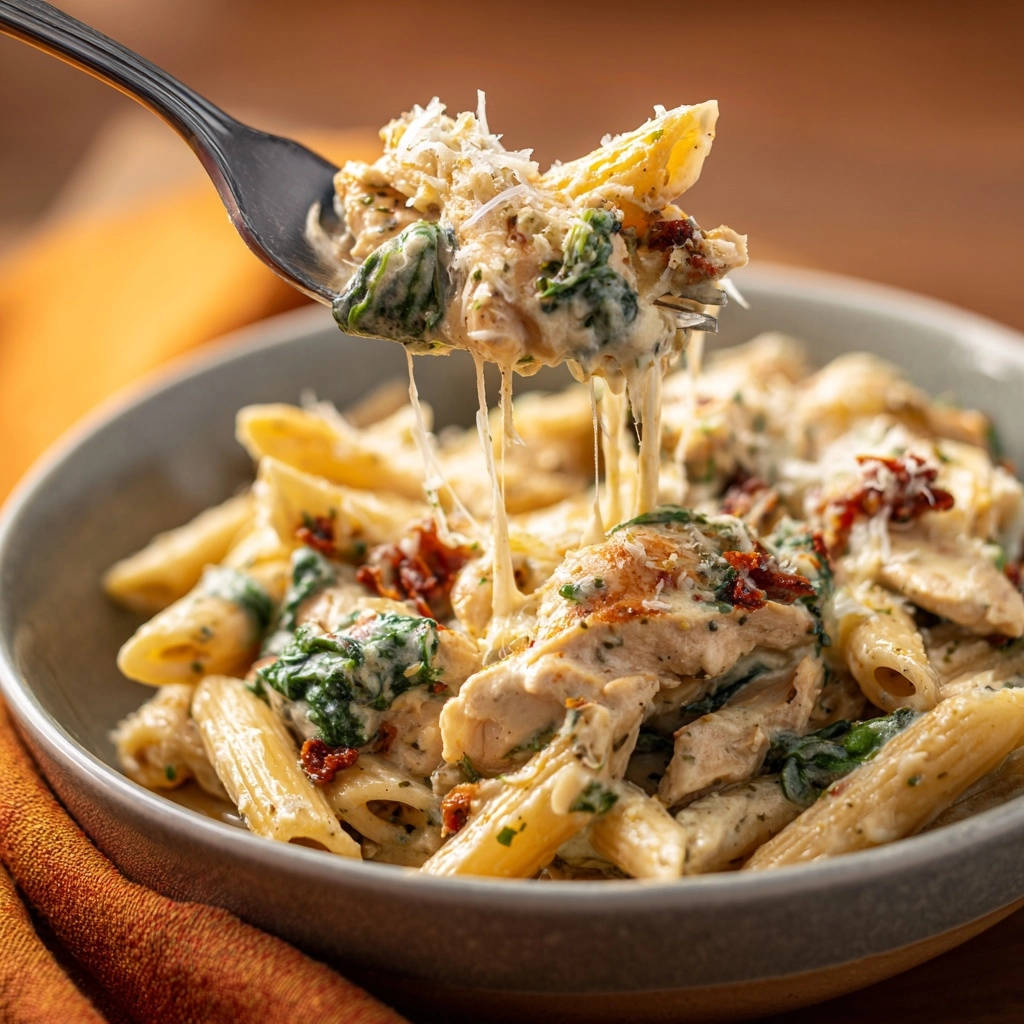Creamy chicken and spinach penne with a fork lifting a cheesy portion, showcasing melted cheese strands.