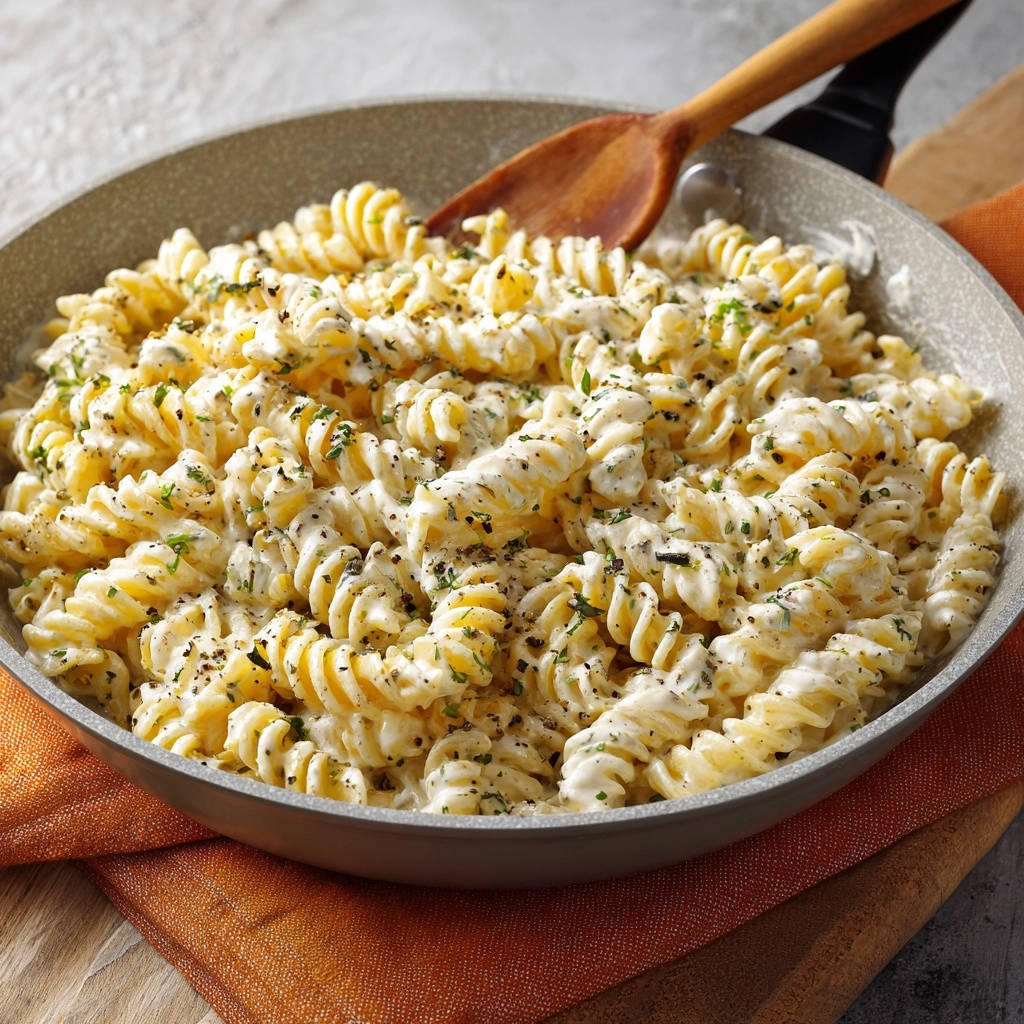 Creamy garlic herb rotini in a pan, showcasing the rich sauce clinging to the spiral pasta with flecks of herbs and pepper.
