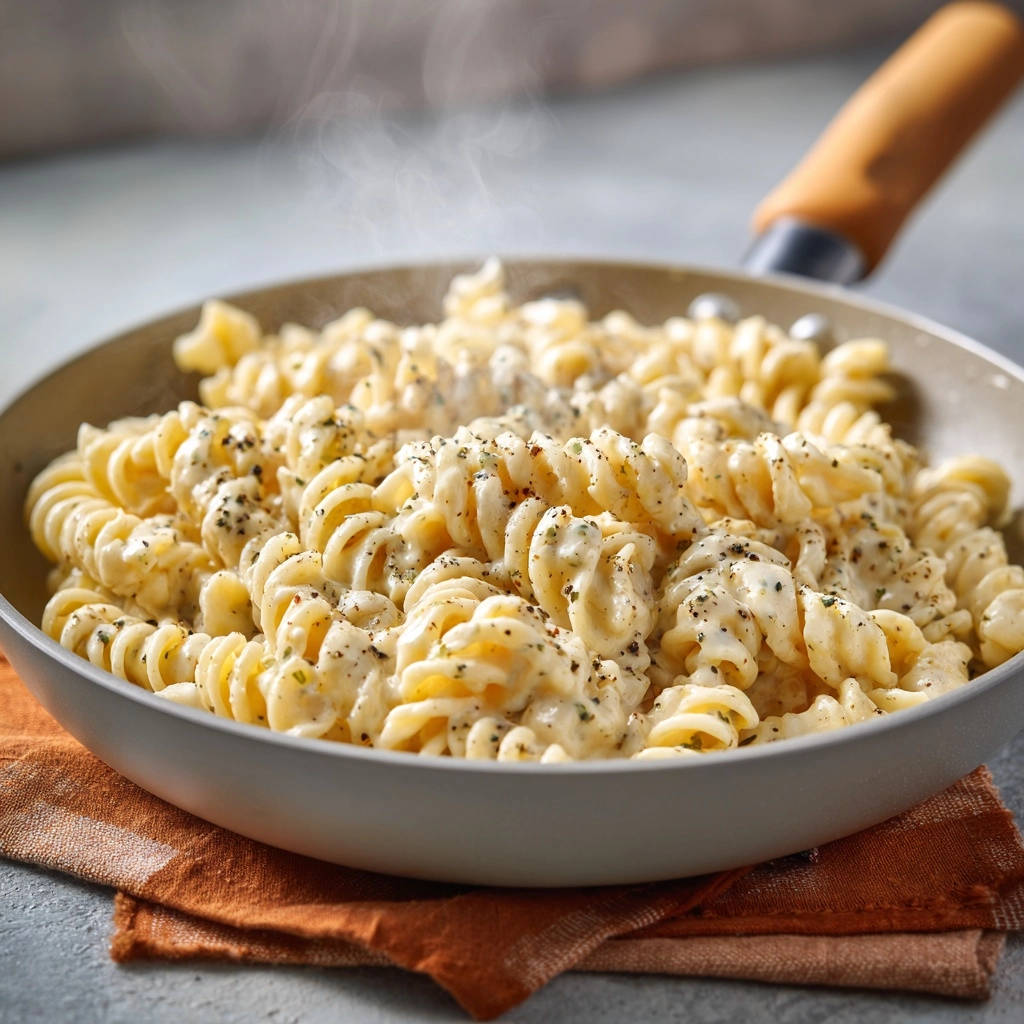 Creamy garlic herb rotini steaming in a pan, showcasing its rich sauce and twisted pasta shape.