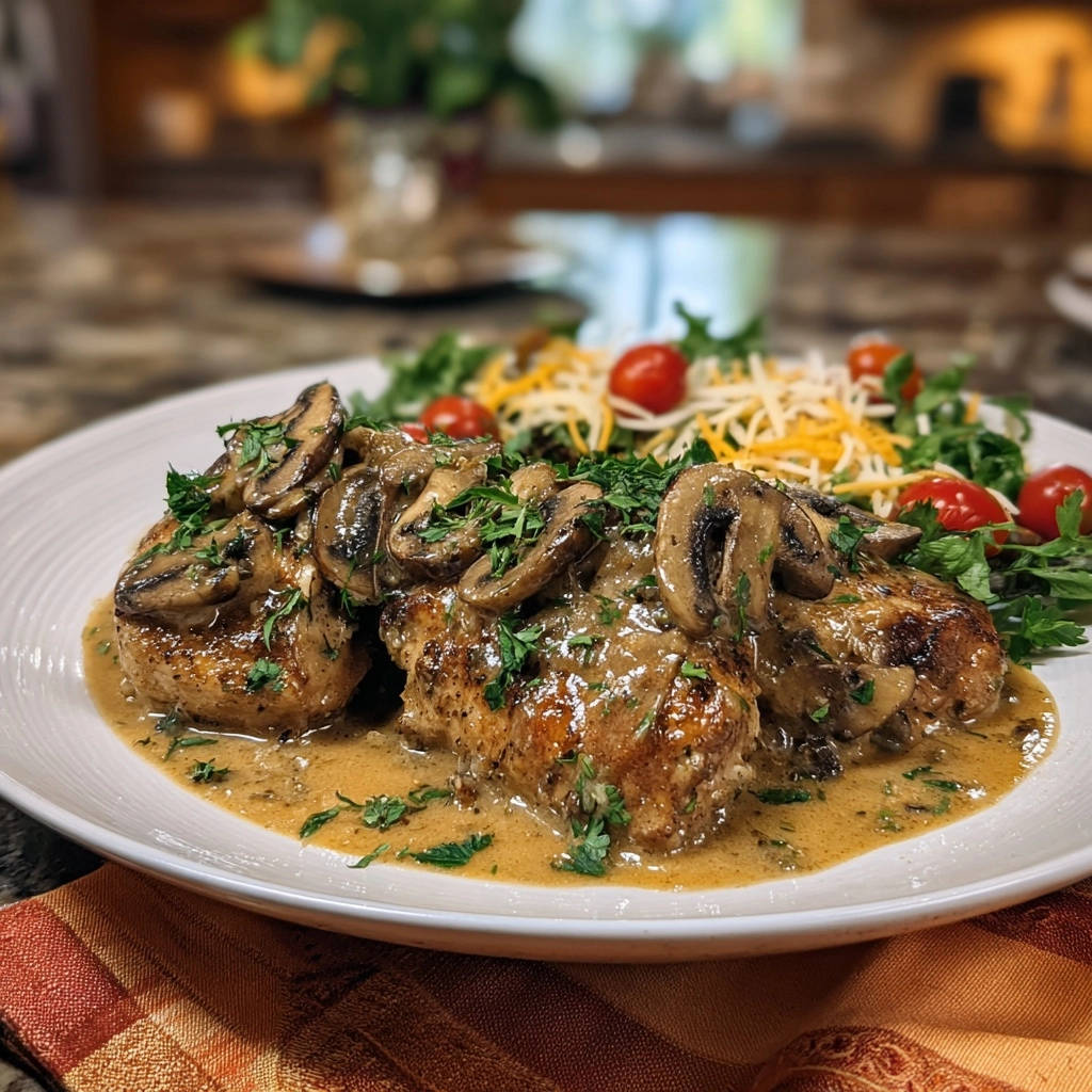 Creamy mushroom chicken cutlets plated with a side salad and topped with fresh parsley.