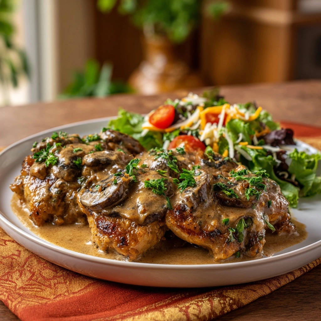 Creamy mushroom chicken cutlets plated with a side salad and drizzled with rich sauce.