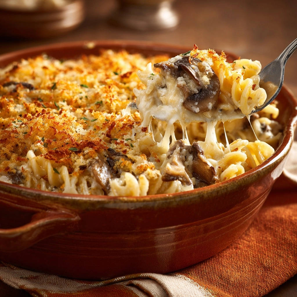 Creamy mushroom fusilli bake with a fork lifting a cheesy portion, showing the gooey cheese pull.