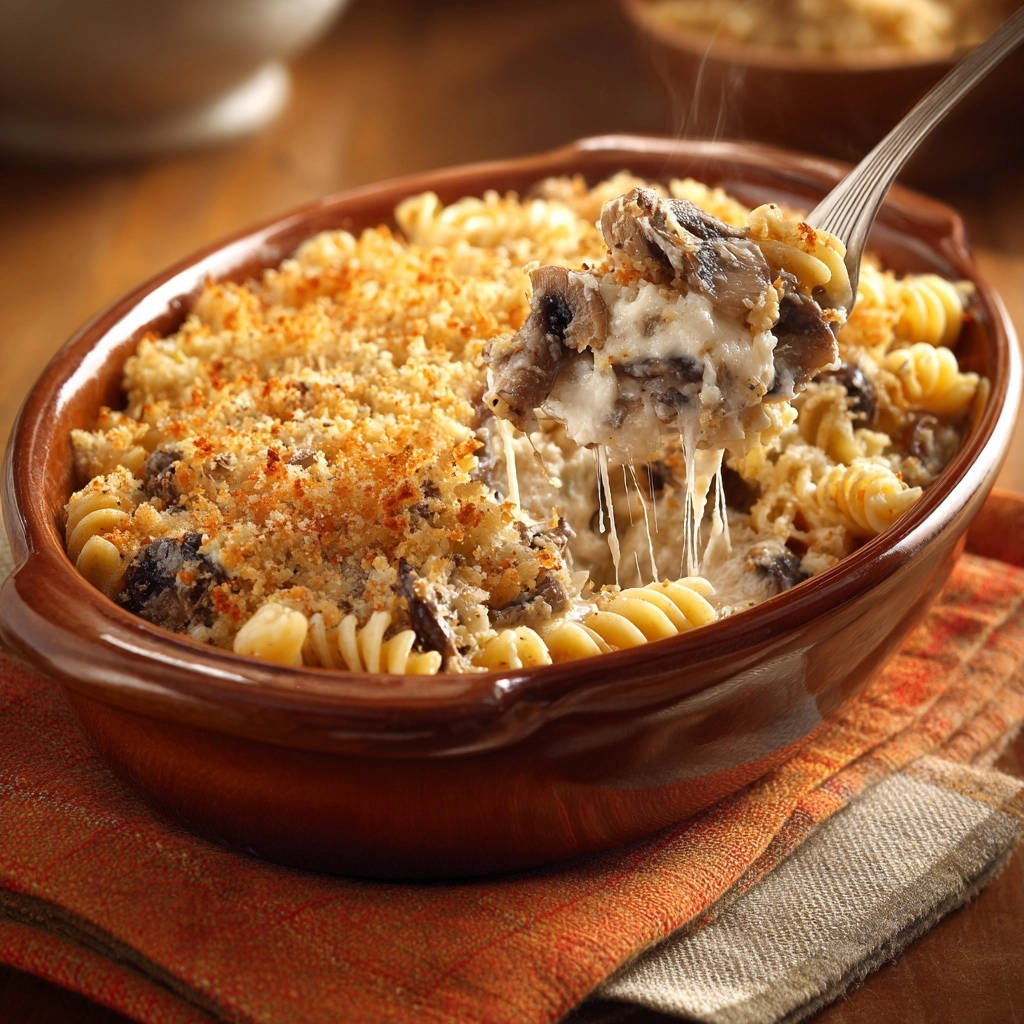 Creamy mushroom fusilli bake with a spoonful being lifted, showcasing its saucy cheese and pasta texture.