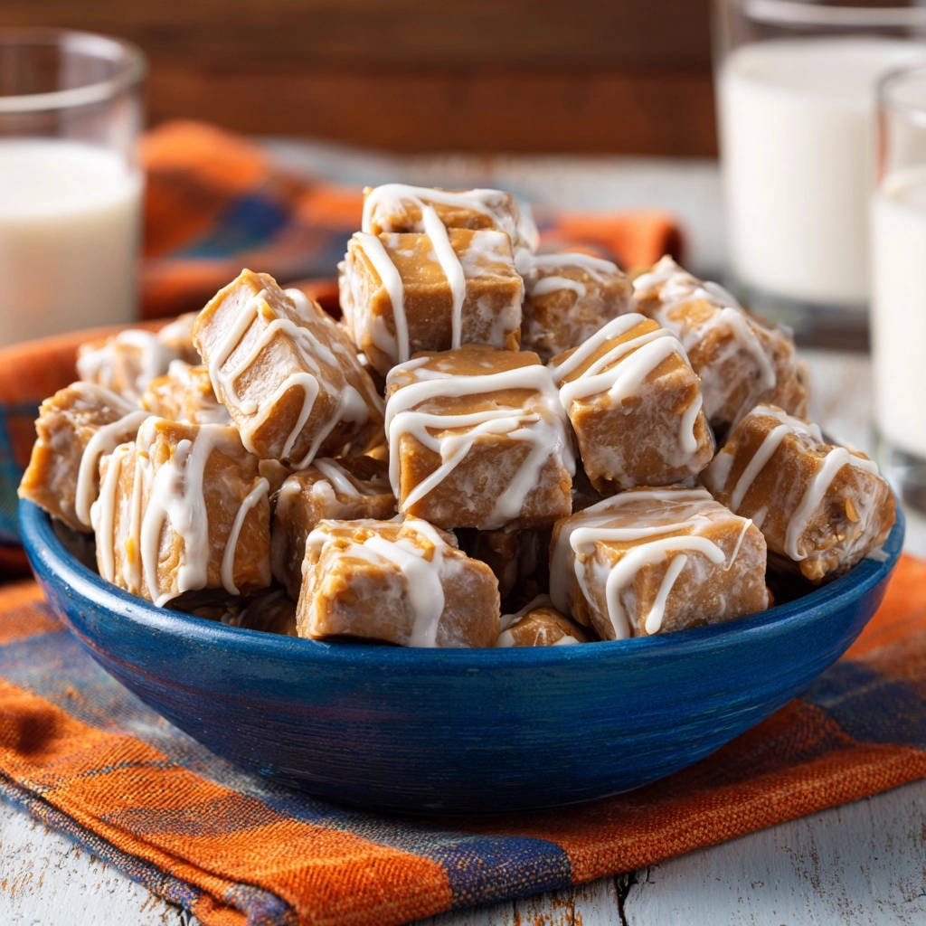 Creamy peanut butter fudge drizzled with white icing, piled high in a blue bowl.