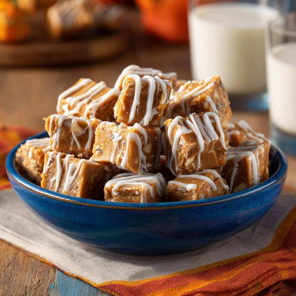 Creamy peanut butter fudge drizzled with white icing in a blue bowl, showcasing a generous serving.