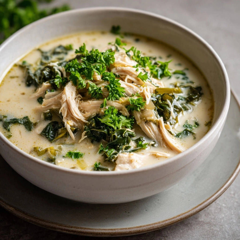 Creamy shredded chicken and kale stew topped with fresh parsley garnish, presented in a white bowl.