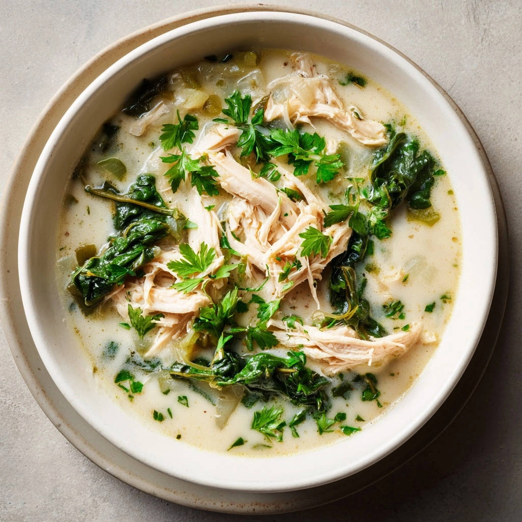 Creamy shredded chicken and kale stew served in a bowl, garnished with parsley, shown from an overhead perspective.