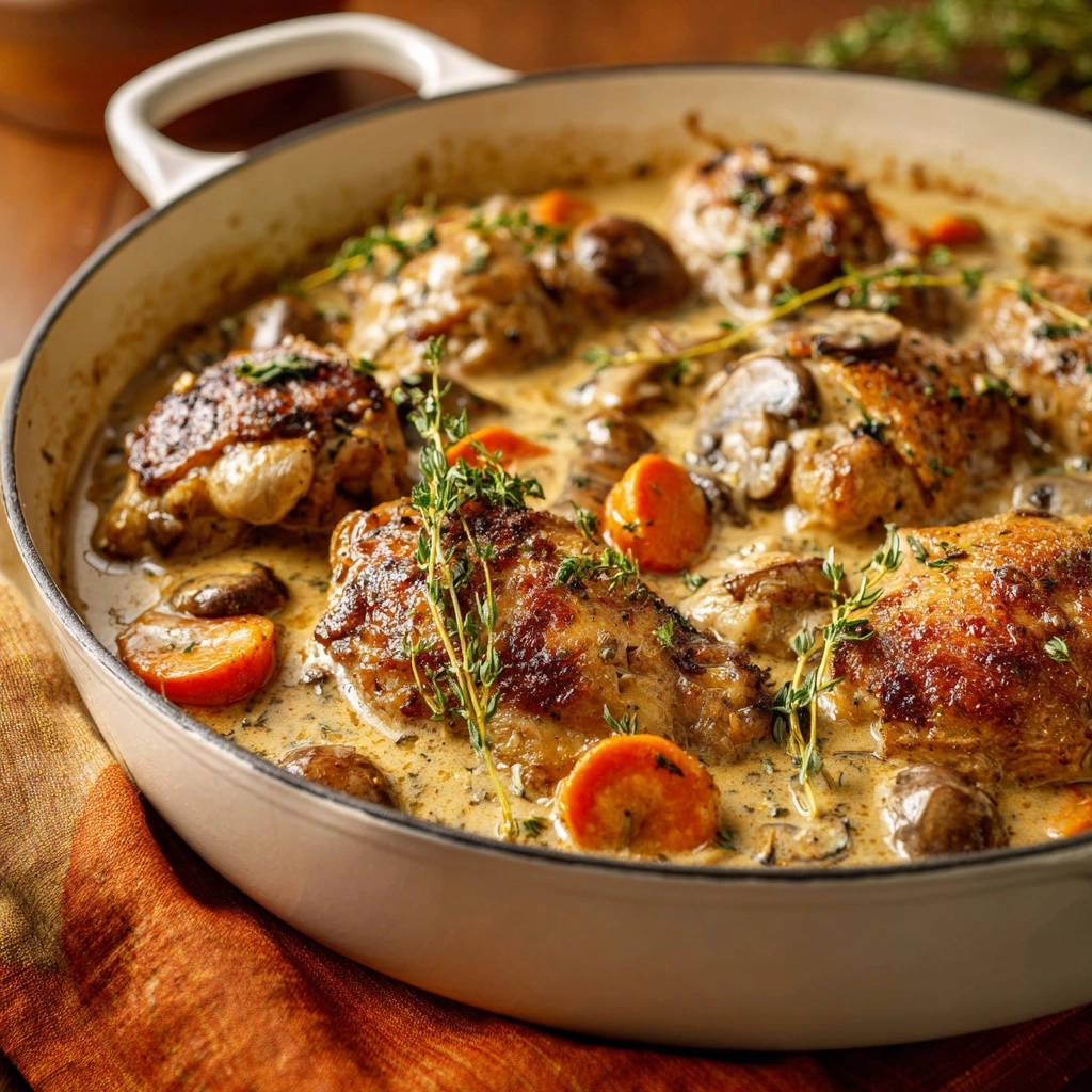 Creamy skillet chicken with mushrooms and thyme, shown as a detailed serving in a white enameled pan with a rich sauce.