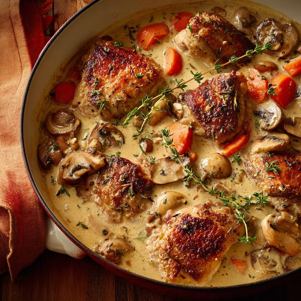 Creamy skillet chicken with mushrooms and thyme shown in a rustic pot with a close overhead view.