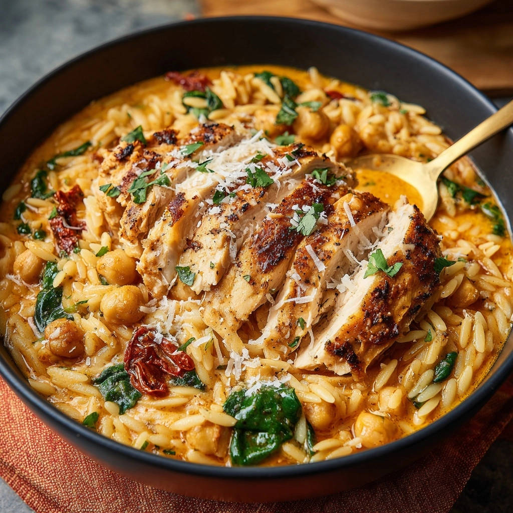Creamy sundried tomato orzo with juicy chicken, a close-up view showcasing the sliced chicken and tender pasta.