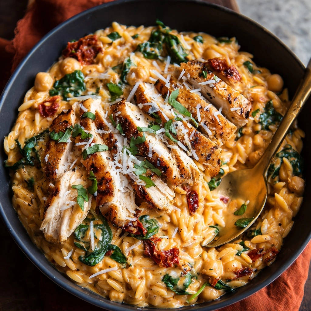 Creamy sundried tomato orzo with juicy chicken, presented with sliced grilled chicken on top in a bowl.
