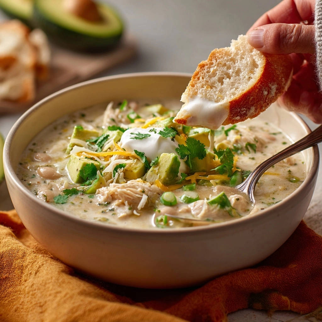 Creamy white chicken chili with a piece of crusty bread dipping into the rich soup, topped with avocado and sour cream.
