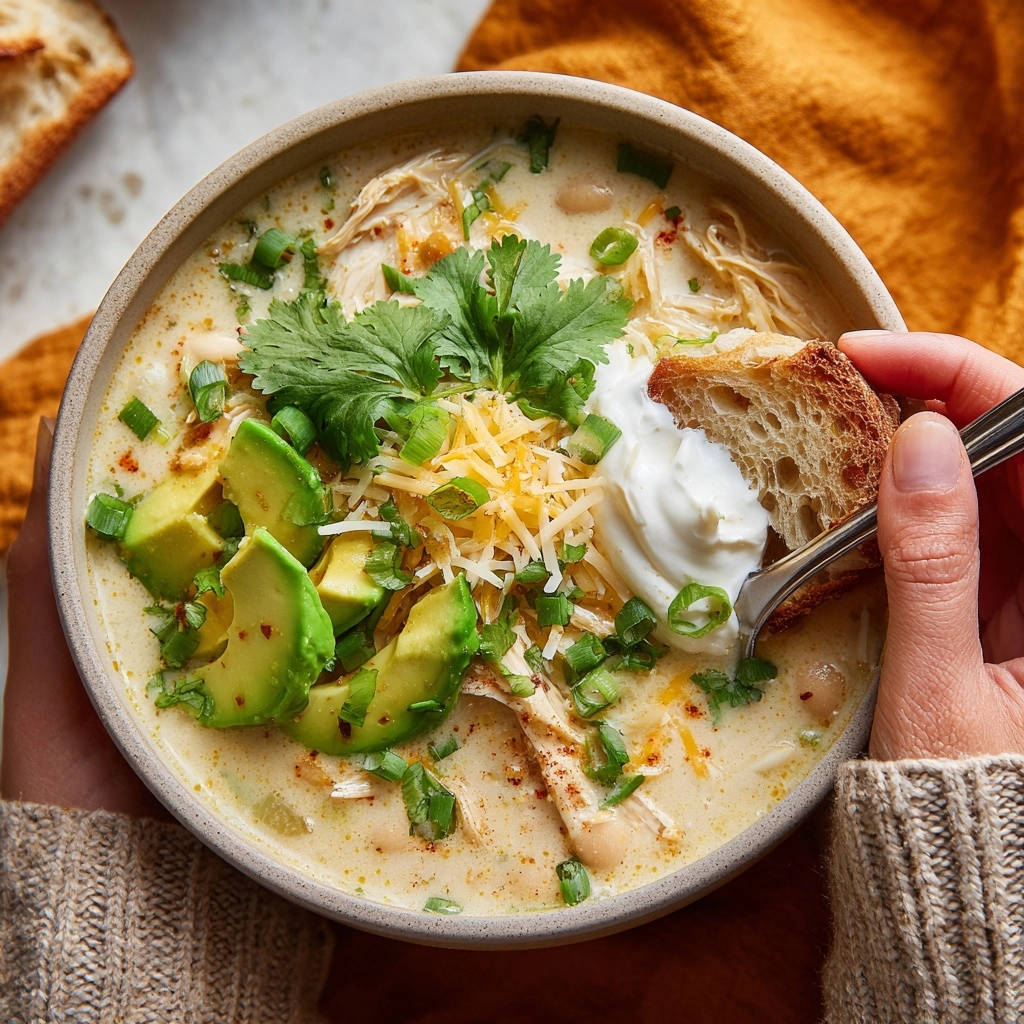 Creamy white chicken chili with avocado, cheese, and sour cream being scooped with a spoon and bread.
